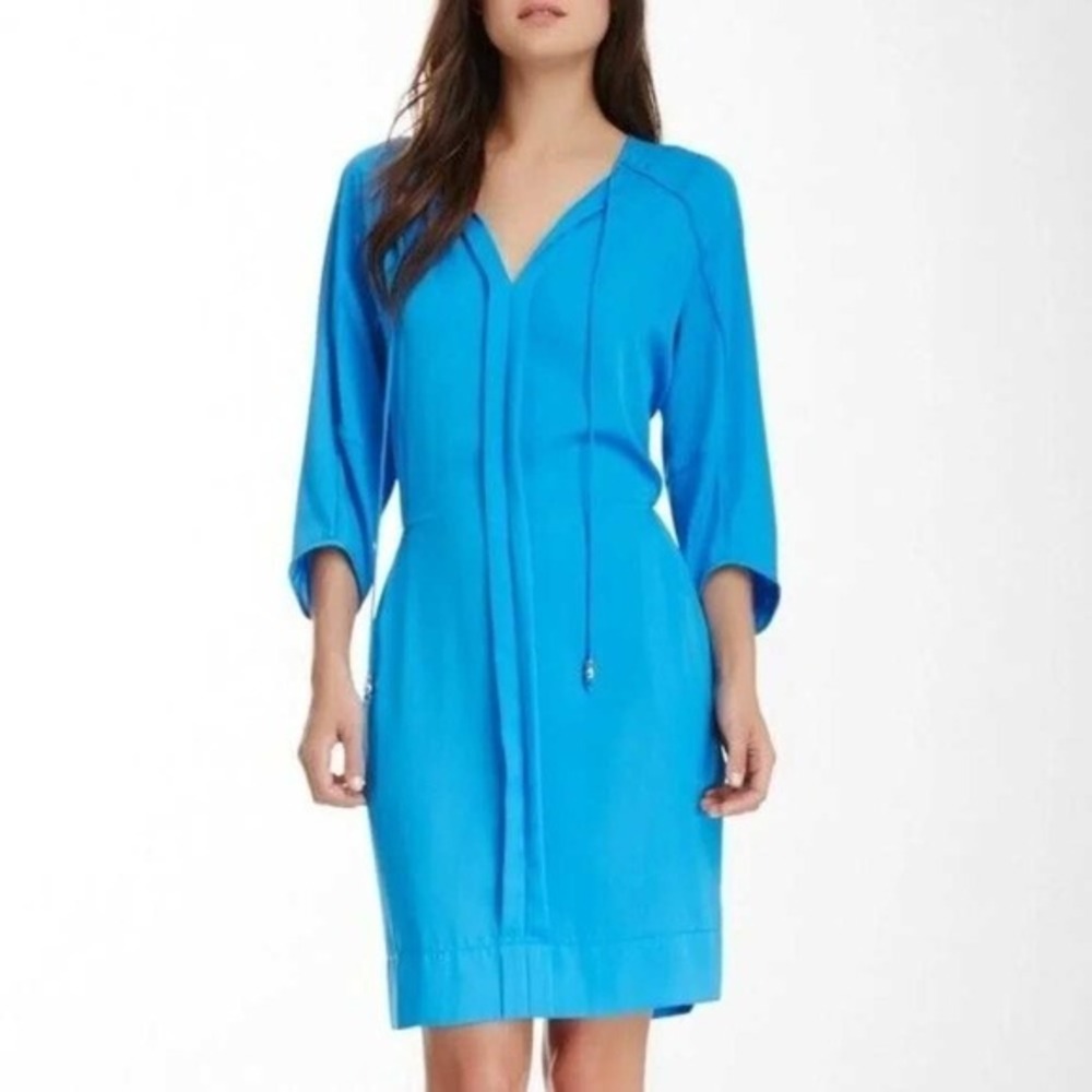 Diane von Furstenberg Apona Tie Neck Silk Dress 10 Electric Blue Pockets Modern